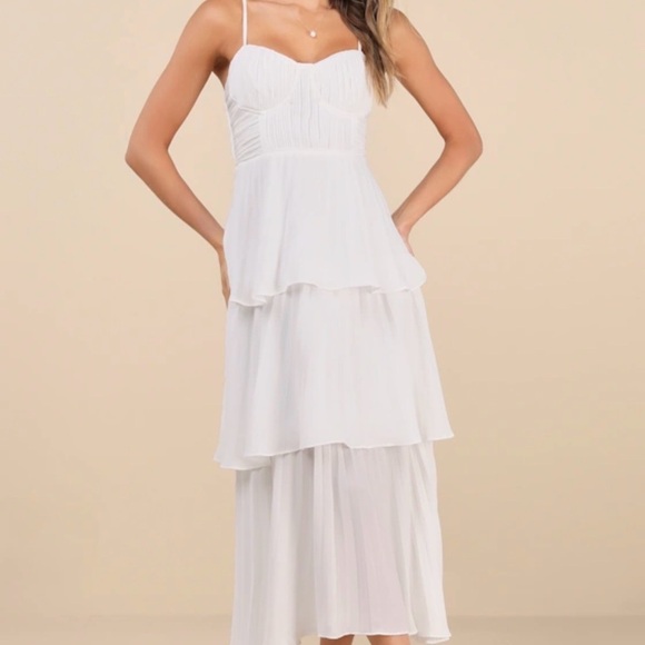 Cascading Crush White Tiered Bustier Midi Dress - Picture 2 of 8